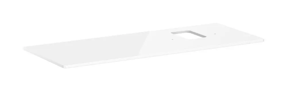 Weiße, rechteckige Konsole von Hansgrohe mit Ausschnitt, geeignet für einen Aufsatzwaschtisch. Oberfläche in Hochglanz, einfache und funktionale Gestaltung.